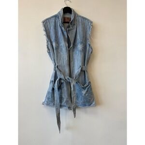 Vintage Revolt Denim Vest Dress Large Blue Sleeveless Distressed Belted Utility